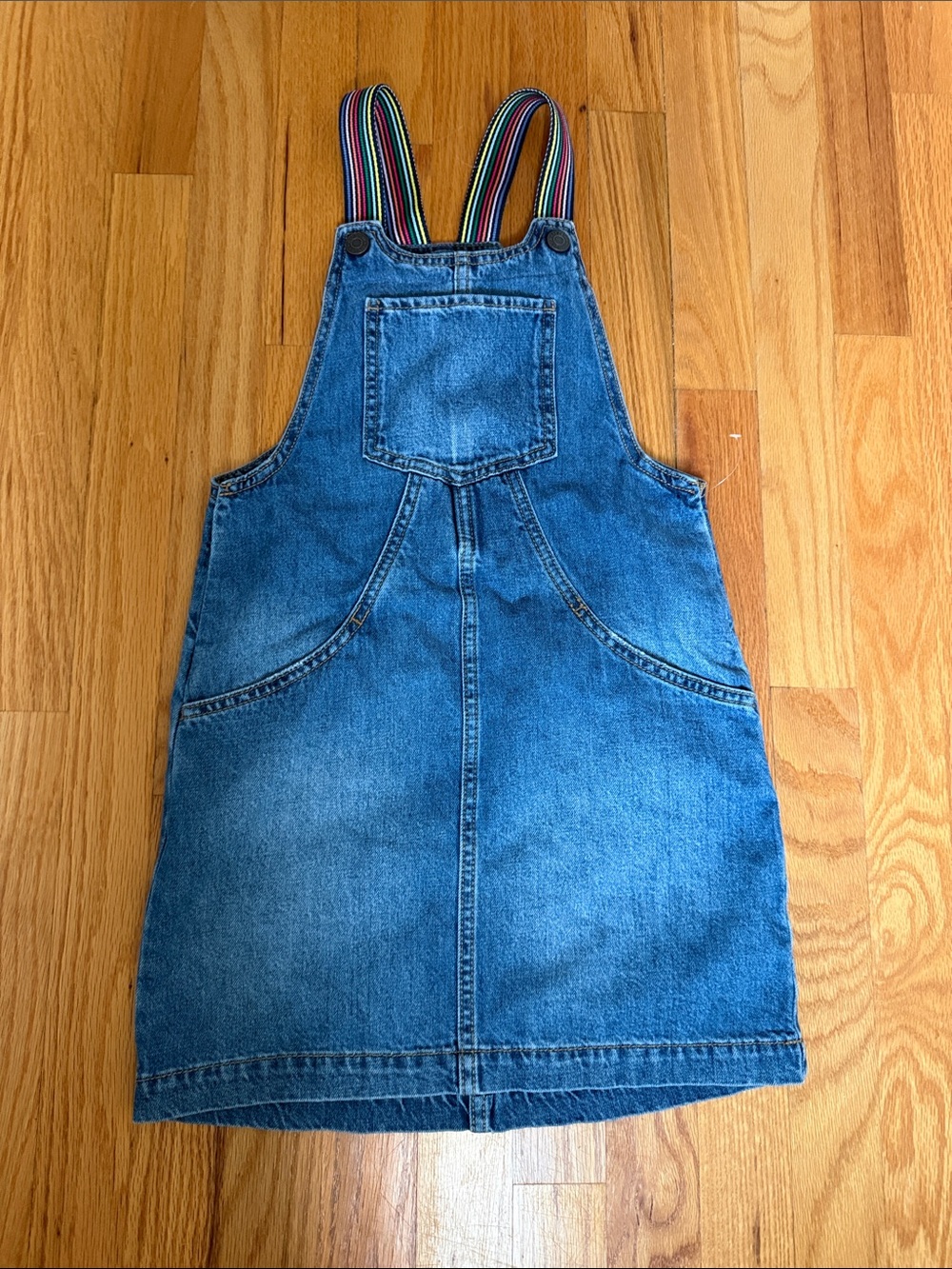 GAP Blue Denim Pinafore Dress with Rainbow Straps